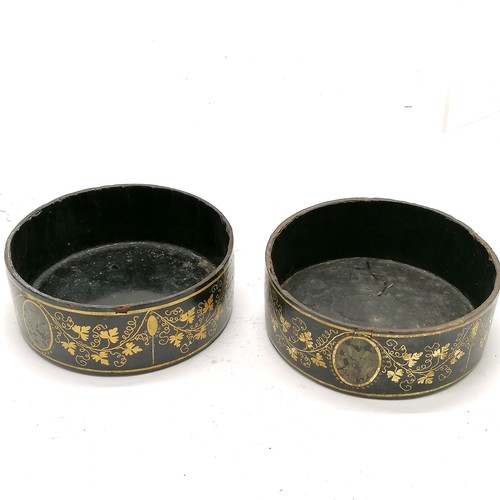 159 - 3 Regency laquer ware black coasters with gold painted decoration, small chips and losses, largest 1... 