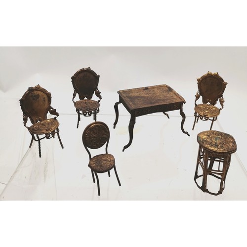 166 - Antique dolls crib - 62cm long 38cm high (has split to end) t/w dolls house furniture to include gil... 