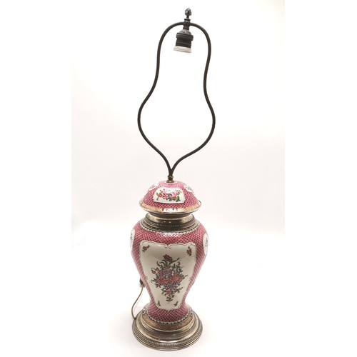 168 - Sampson Oriental style famille rose hand decorated lamp base with 800 silver marked mounts - 77cm to... 