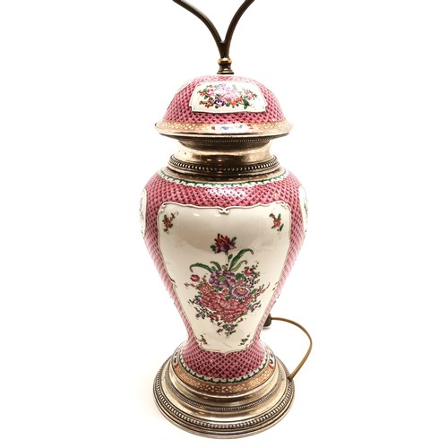 168 - Sampson Oriental style famille rose hand decorated lamp base with 800 silver marked mounts - 77cm to... 