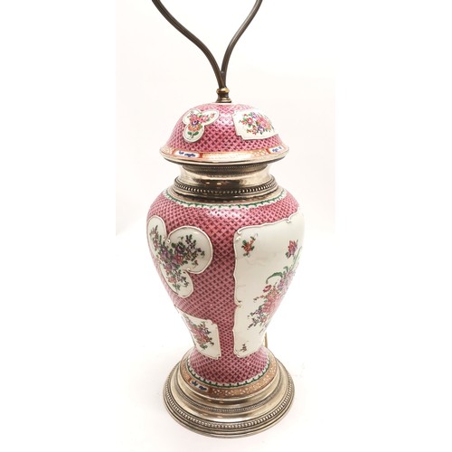 168 - Sampson Oriental style famille rose hand decorated lamp base with 800 silver marked mounts - 77cm to... 