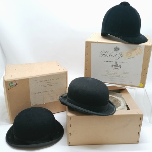 170 - 3 boxed hats incl 2 bowler hats ( both worn) and a riding hat in good condition