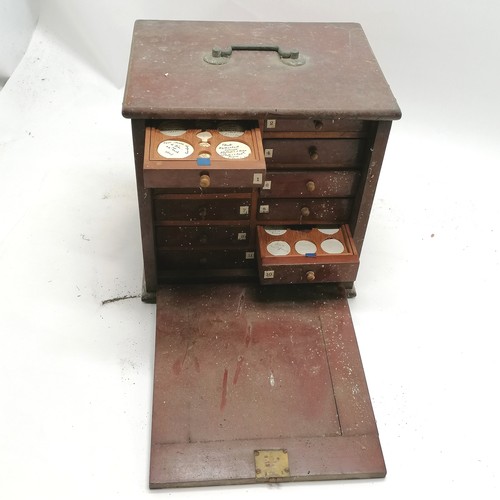 172 - Antique mahogany coin collectors' cabinet, front locking flap has been forced and the hinges need oi... 