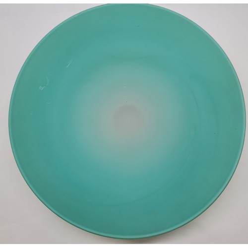 178 - Robert Marshall 2005 , a large turquoise glass signed tazza with frosted base 31.7 cm diameter t/w  ... 