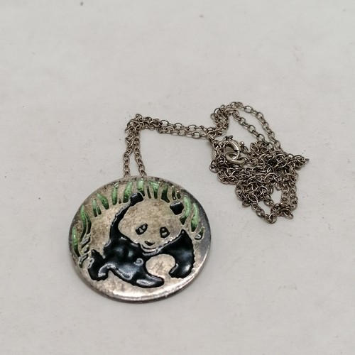 193 - Silver enamel panda pendant by Alastair Norman Grant on silver 40cm chain - 3.8g total weight