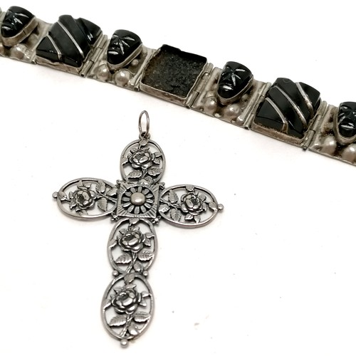 196 - Antique silver brooch, large cross (7cm drop), south american pendant set with stone, black stone br... 