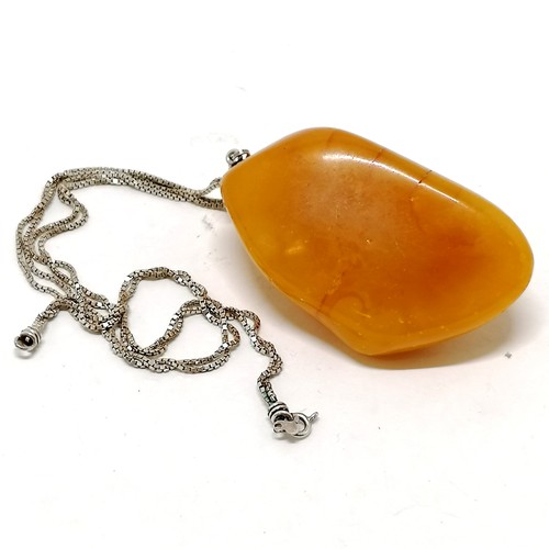 201 - Large amber natural pendant (7cm drop & 45g) on a silver 42cm double strand box link chain - total w... 