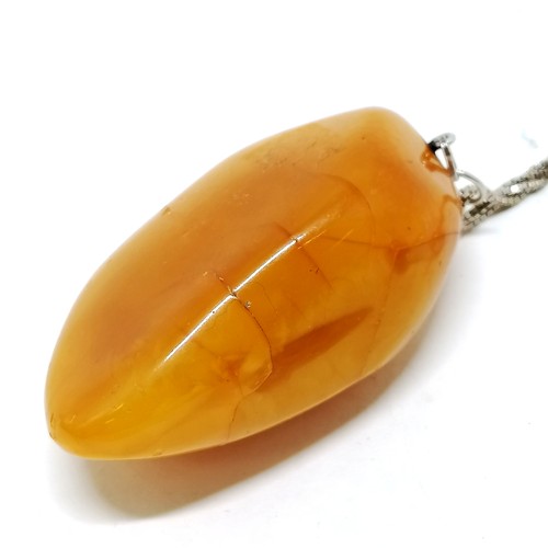 201 - Large amber natural pendant (7cm drop & 45g) on a silver 42cm double strand box link chain - total w... 