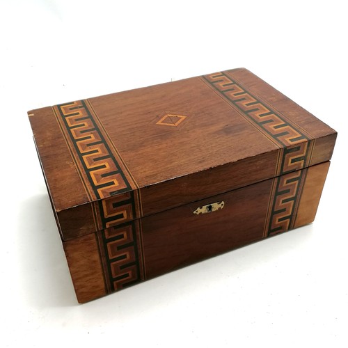 269 - Antique parquetry box (30 x 19.5 x 13cm) containing qty of costume jewellery & buckles - some antiqu... 