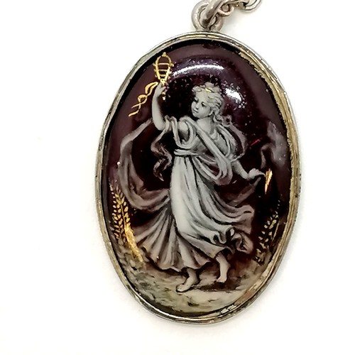 301 - Antique Limoges enamel panel pendant (3.4cm drop) of a classical scene depicting a lady on a 44cm st... 