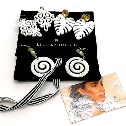 302 - Lele Sadoughi 3 x pairs of white plastic earrings 1 with silver gilt fittings ~ spiral 3.4cm diamete... 