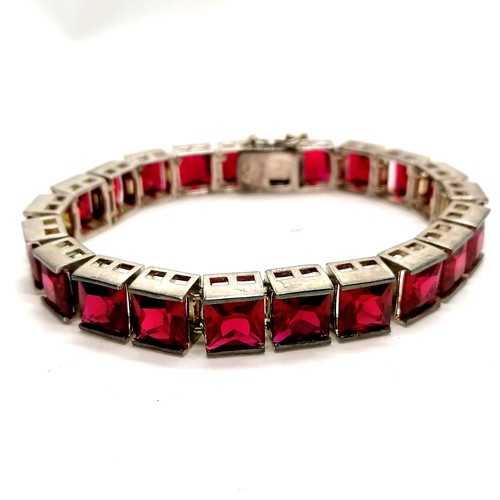 303 - UTC Thailand sterling silver square red stone bracelet - 42g total weight 19cm long & 0.9cm wide