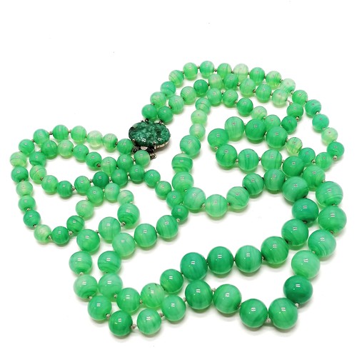 306 - Long 2 strand Chinese peking glass green bead necklace (60cm) t/w hardstone panel, 3 bangles etc