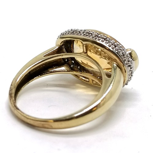 320 - 9ct marked gold citrine & diamond set ring - size P½ & 5.7g ~ the hallmarks have been mostly obliter... 