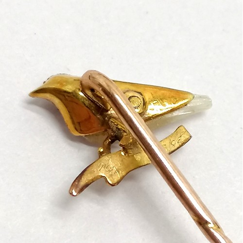 338 - Antique unmarked gold tie pin with mother of pearl bird detail in original KEVII Bracher & Sydenham,... 