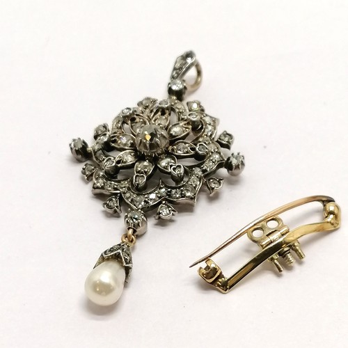 339 - Antique diamond brooch/pendant with pearl drop detail - 11.2g total weight & 5.5cm drop