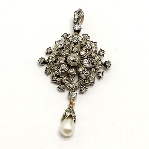 339 - Antique diamond brooch/pendant with pearl drop detail - 11.2g total weight & 5.5cm drop