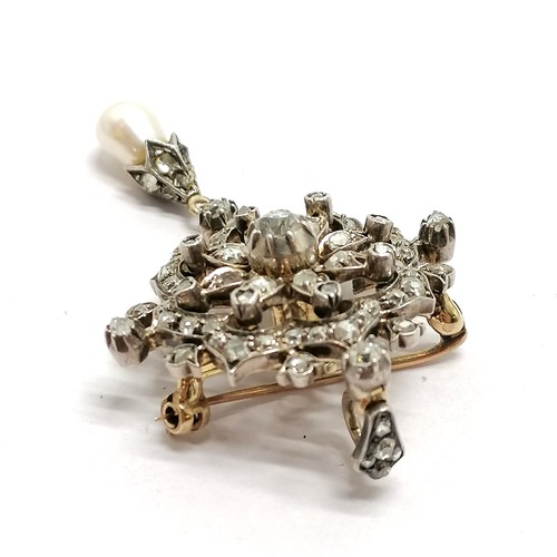 339 - Antique diamond brooch/pendant with pearl drop detail - 11.2g total weight & 5.5cm drop