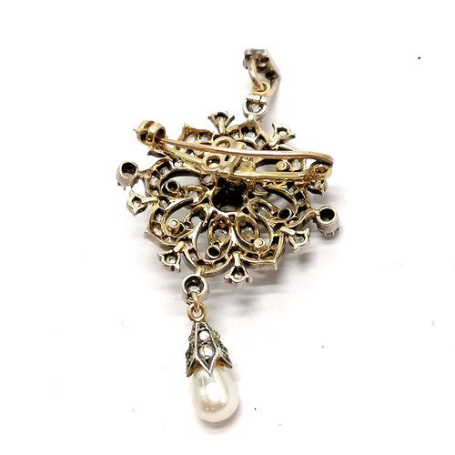 339 - Antique diamond brooch/pendant with pearl drop detail - 11.2g total weight & 5.5cm drop