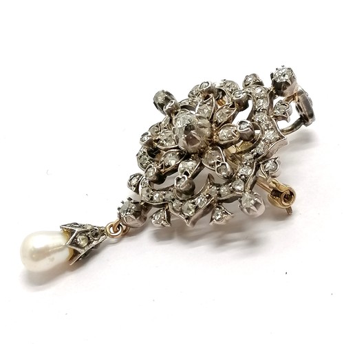 339 - Antique diamond brooch/pendant with pearl drop detail - 11.2g total weight & 5.5cm drop