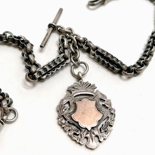 346 - Antique sterling silver fancy link double albert chain with a silver & unmarked gold shield fob - to... 