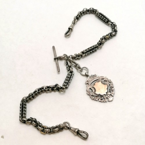 346 - Antique sterling silver fancy link double albert chain with a silver & unmarked gold shield fob - to... 