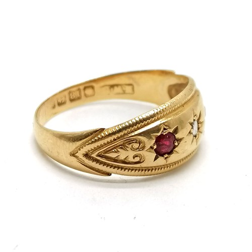 361 - Antique 18ct hallmarked gold ruby & diamond gypsy set ring - size R & 3.6g total weight