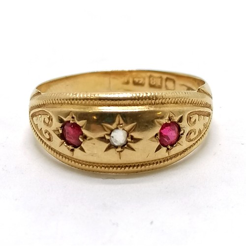 361 - Antique 18ct hallmarked gold ruby & diamond gypsy set ring - size R & 3.6g total weight