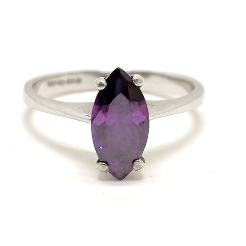 366 - 9ct hallmarked white gold marquise shape purple stone ring - size K & 2.5g total weight