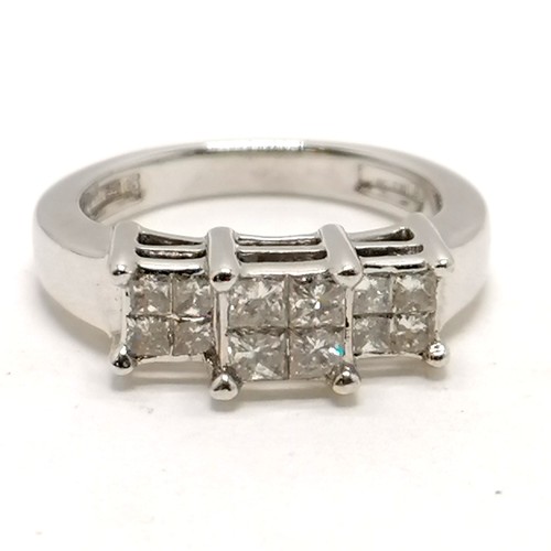 367 - 18ct hallmarked white gold diamond triple cluster ring (12 x princess cut) - size I & 4.9g total wei... 