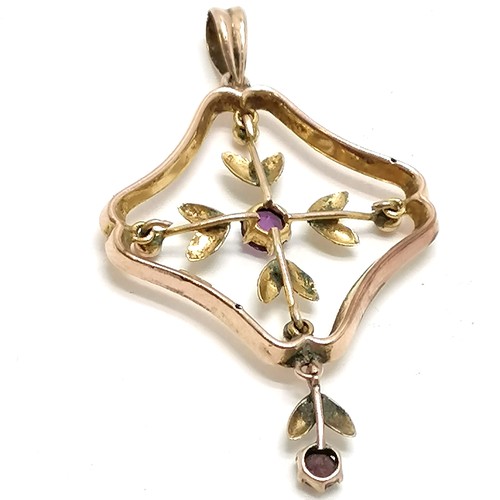 381 - Antique 9ct marked gold pendant set with 2 amethysts - 4cm drop & 1.4g total weight