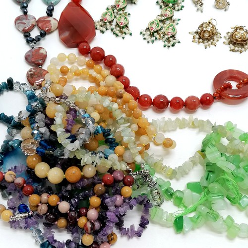 393 - Qty of mostly hardstone bead necklaces inc carnelian, amethyst, turquoise etc t/w Indian earrings et... 