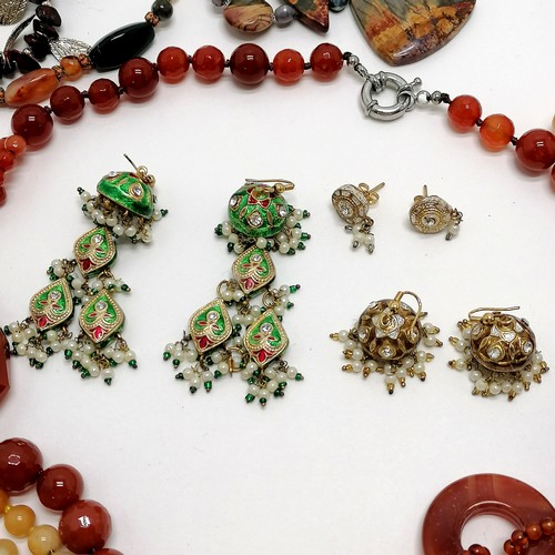 393 - Qty of mostly hardstone bead necklaces inc carnelian, amethyst, turquoise etc t/w Indian earrings et... 