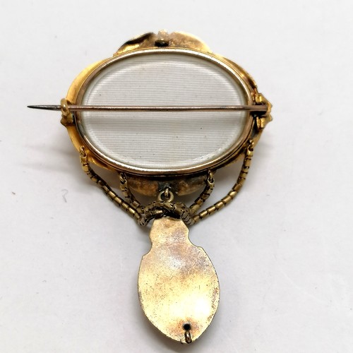 398 - Antique unmarked yellow metal (touch tests as 15ct) brooch set with white stones - 6cm drop & 12.2g ... 