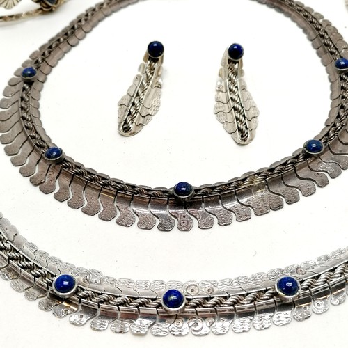 402 - Peru 950 silver necklace (45cm) / bracelet / earrings suite set with Lapis Lazuli t/w 925 silver lap... 