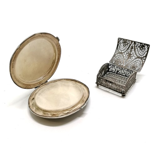 436 - Unmarked silver filigree domed box & compact (7cm diameter) ~ total weight 95g