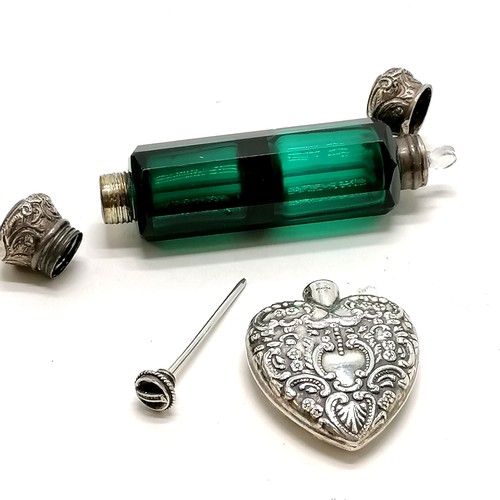 449 - Sterling silver heart shaped scent bottle with screw down lid - 5cm t/w antique unmarked silver doub... 