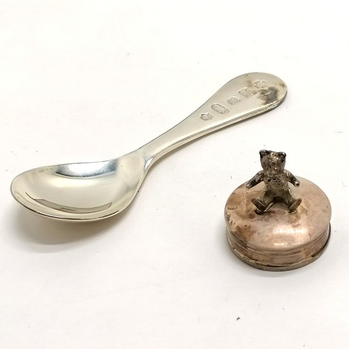 471 - Sterling silver pill box with teddy bear finial t/w boxed sterling silver babies spoon by Carrs of S... 