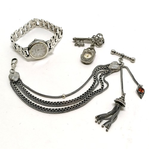 489 - White metal albertine 5 strand chain - total length 27cm, silver marcasite brooch watch in the form ... 