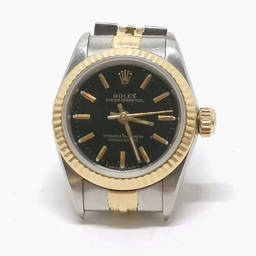 490 - Rolex ladies bi-metal oyster perpetual superlative chronometer wristwatch with black dial & gold bat... 