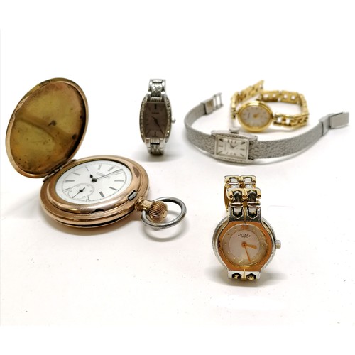 491 - Antique Waltham gold plated hunter pocket watch (4.5cm diameter) t/w 4 ladies watches - all for spar... 