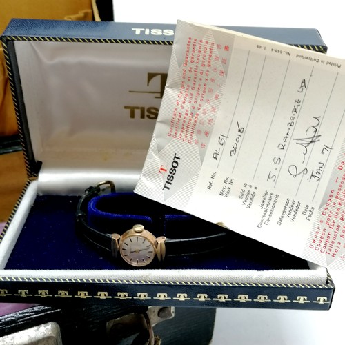 510 - 9ct gold cased ladies Tissot manual wind wristwatch (15mm diameter) & running in original box with b... 