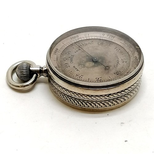 539 - Antique silver cased pocket barometer by Richard James Oliver - 3.6cm diameter ~ in good used condit... 