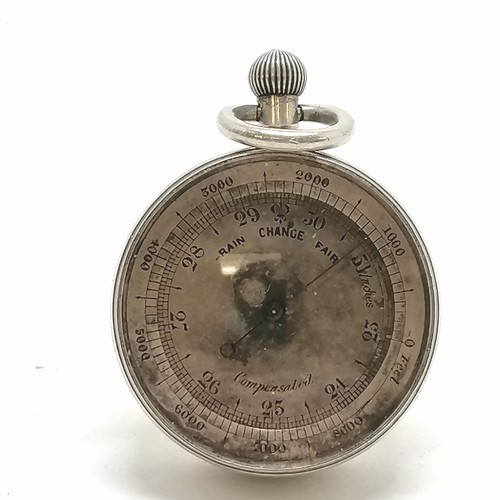 539 - Antique silver cased pocket barometer by Richard James Oliver - 3.6cm diameter ~ in good used condit... 