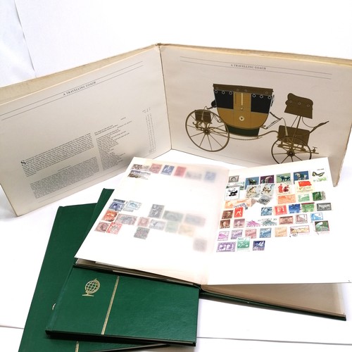 543 - 2 stockbooks of a-z collection of stamps, 1 empty stockbook + 1962 book Feltons Carriages by Alan Os... 