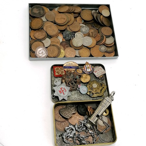 545 - Qty of military badges inc ARP, NFS, WVS, observer corps etc t/w acme city whistle & qty of coins in... 