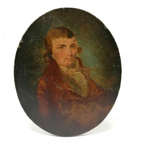 546 - Antique oil painting on oval panel of a gentleman - 18cm x 15cm with some losses to paint