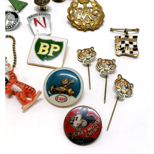 553 - Qty of badges inc 2 x Aston Martin, 1951 Festival of Britain, Mickey Mouse chums, Spratt, Esso, Merl... 