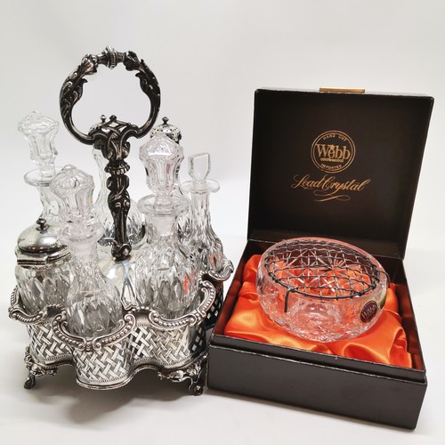 567 - Rococo 7 bottle cruet stand T/W Webb Hand Cut Continental Lead Crystal pedestal rose bowl, the four-... 