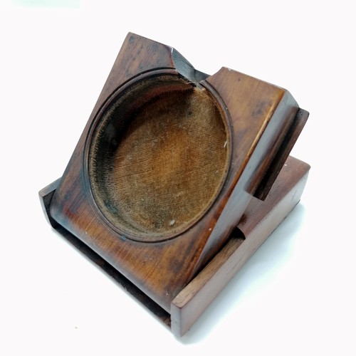 597 - Qty of woodware inc olive wood hand decorated pocket watch fold-out stand, ebony dressing table set ... 